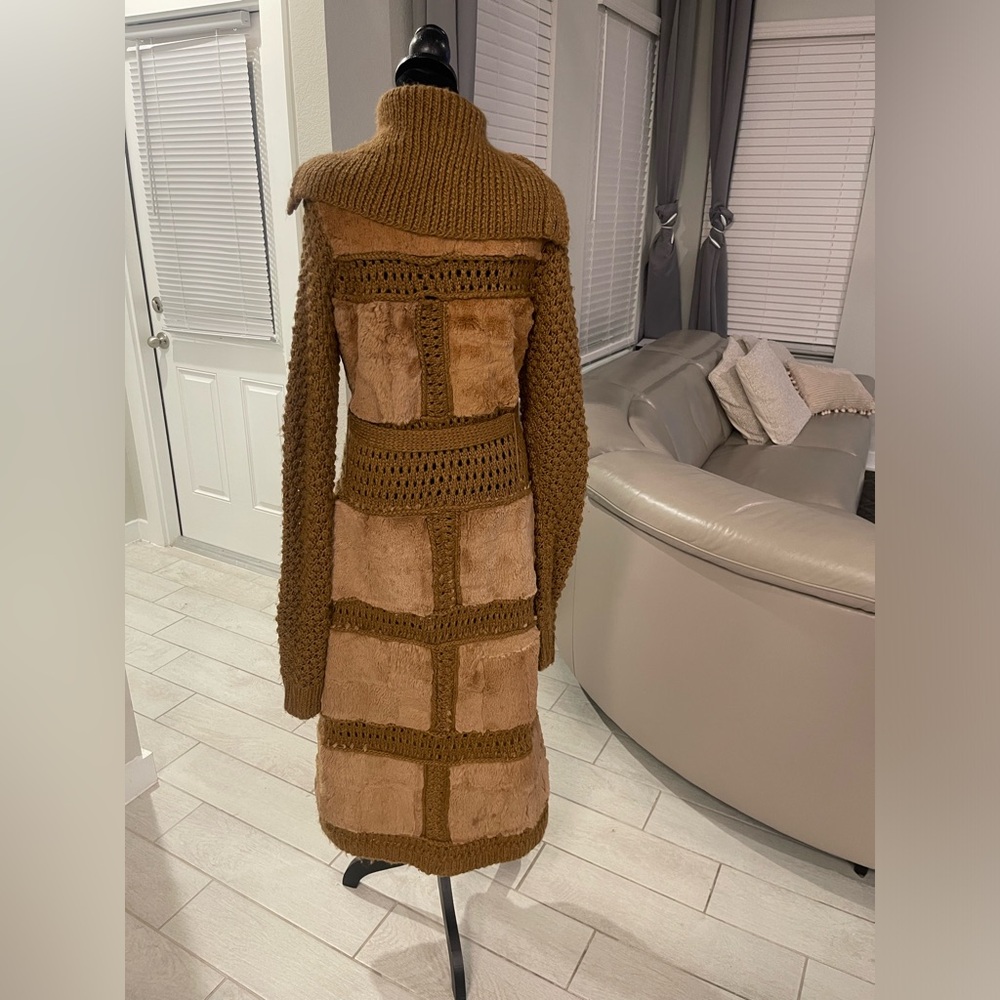 RARE Vintage Y2K Lili rose rabbit fur 100% wool knit patchwork boho belted coat - Picture 4 of 13